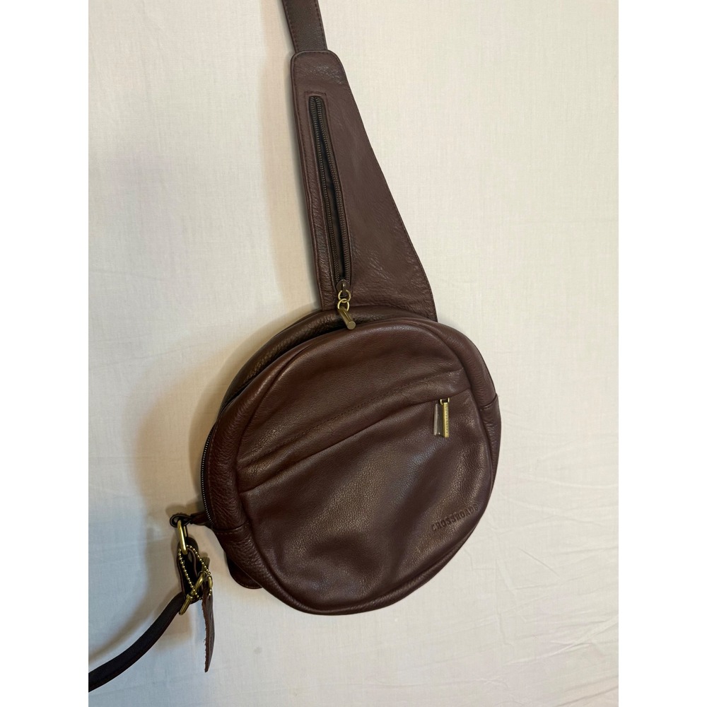 Crossroads Brown Pebbled Leather Round Sling Bag Crossbody Backpack Travel Purse